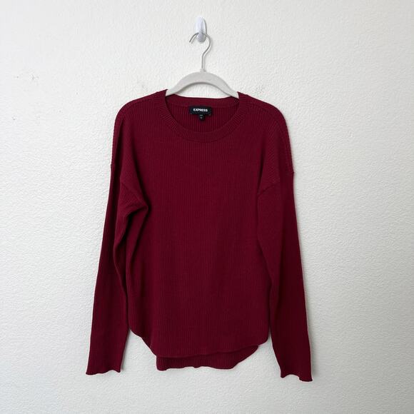 [Express] Maroon Burgundy Ribbed Knit Crew Neck Sweater Rounded Hem Size Large L - Picture 1 of 10